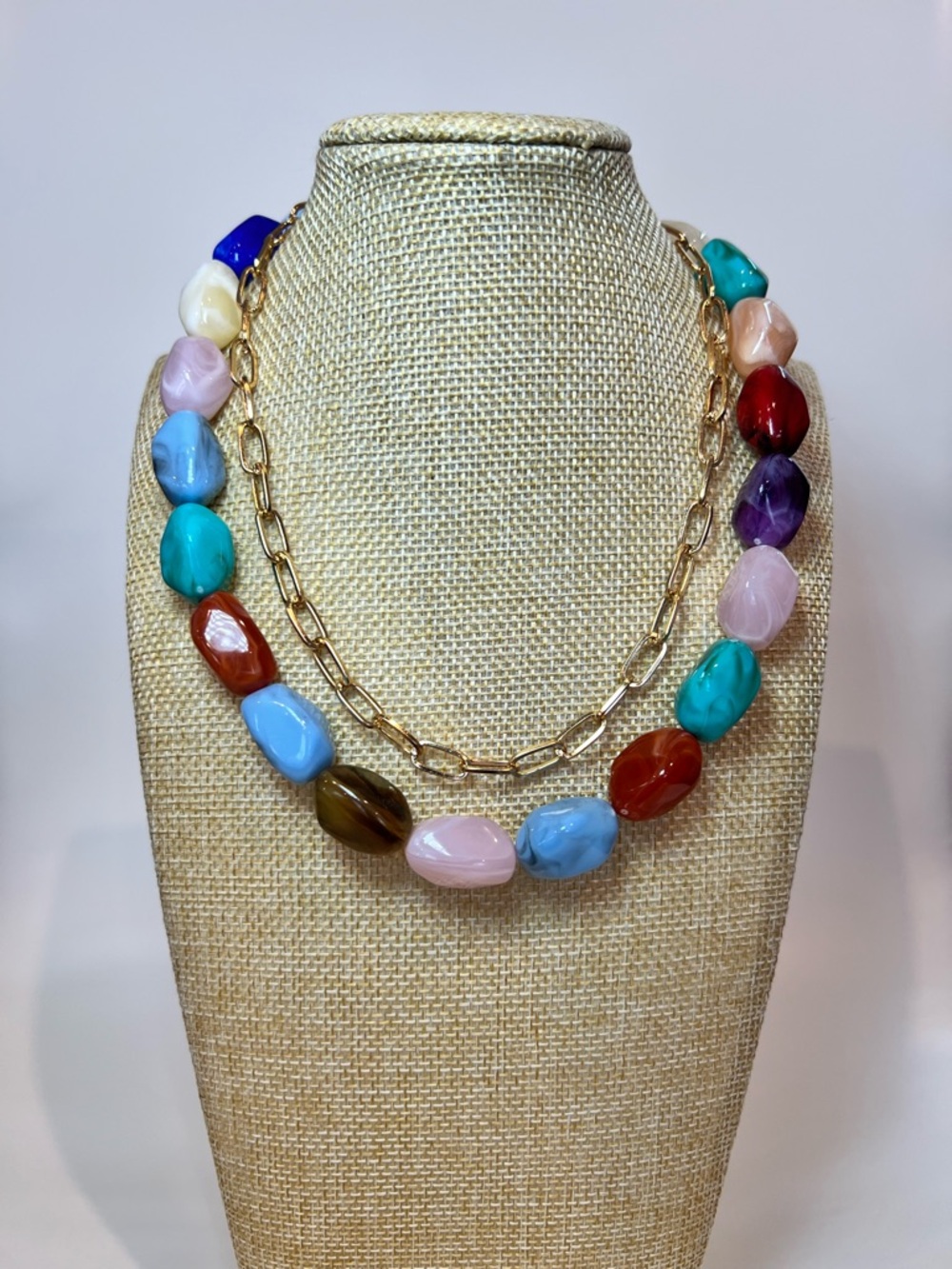 2 Pieces multicolor Lightweight boho Resin beaded and gold chain accent necklace